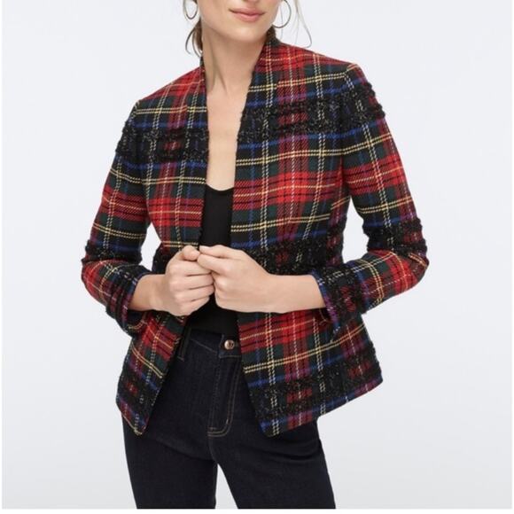 J. Crew Tartan Festive Stewart Wool Blend Red Going Out Blazer size 0 - Picture 1 of 9